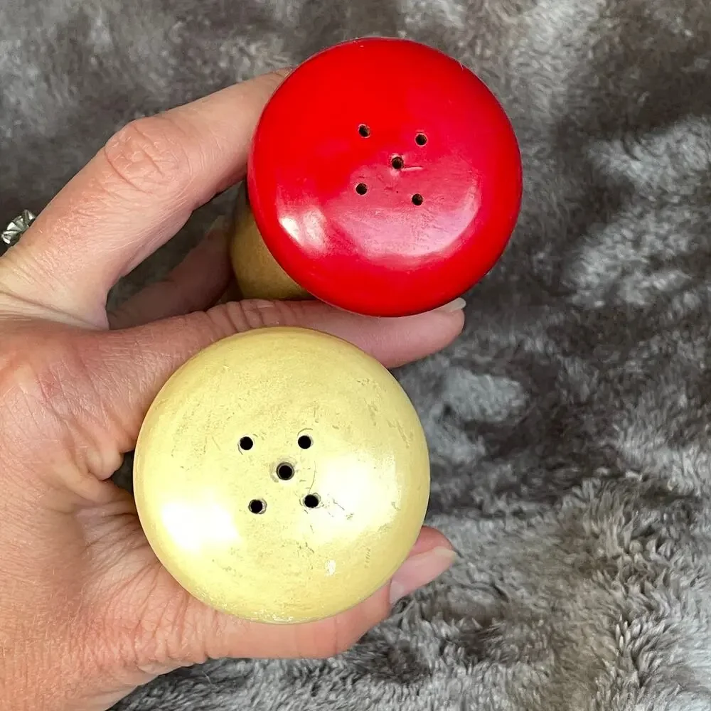 Vintage Salty & Peppy Wooden Salt & Pepper Shakers Japan MCM Hand Painted